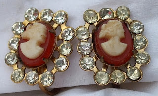 1930s vintage screw back cameo earrings Bohemian with rhinestones
