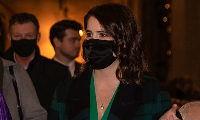 Princess Eugenie wore a green maxi dress by ME+EM, and a checked coat by Sandro Paris