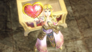 Princess Zelda raising a Heart Container from a chest