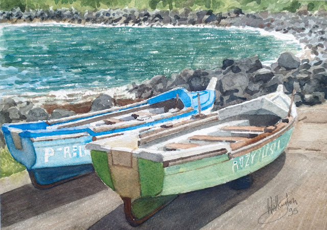 Watercolour of two small boats on a ramp close to rocks and the ocean, "Barques à l'Anse des Cascades," by William Walkington.