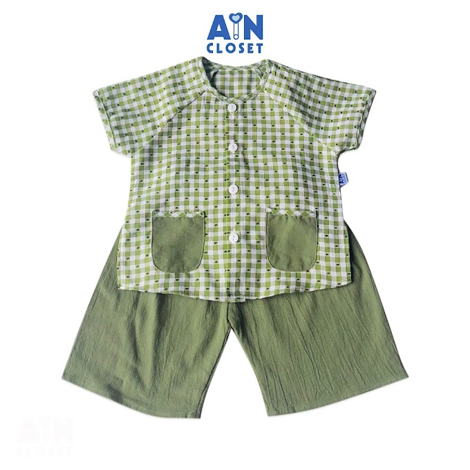 Mall Shop [ aincloset ] Bộ bà ba lửng unisex họa tiết Caro xanh mạ cotton - AICDBTWYA8VI - AIN Closet