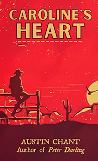 A red sky with a setting sun, a cowboy sits on a fence, silhouetted against the sky.