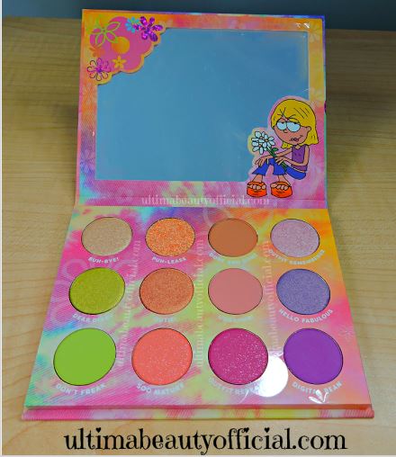 Open eyeshadow palette displaying 12 shades and cartoon Lizzie