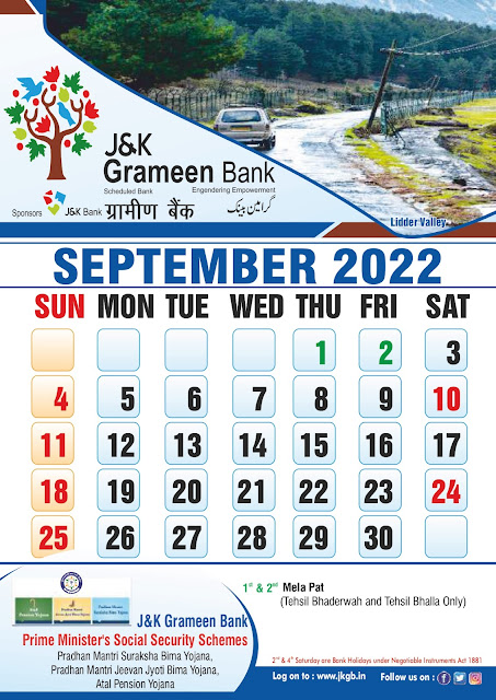 J&K Bank E Calendar 2022 September