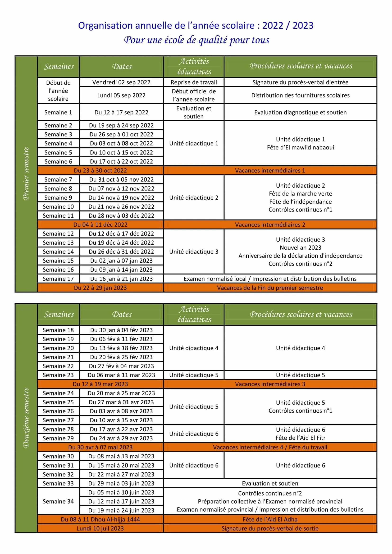 Organisation annuelle de l’année scolaire 2022 2023 Word