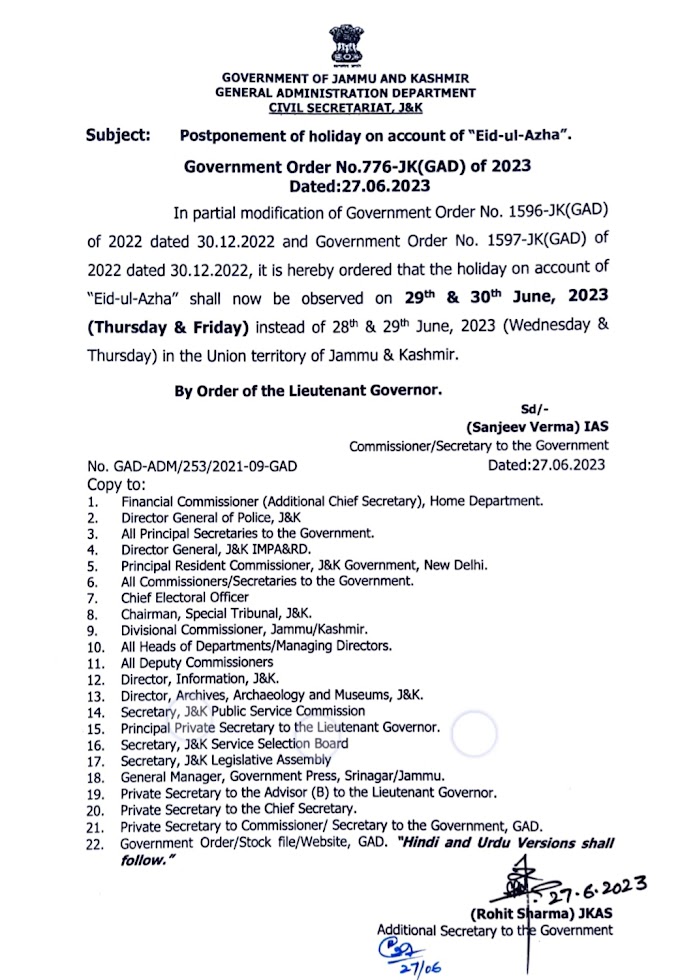 JK Govt Postponement Order of Holiday on Account of Eid ul Azha 2023