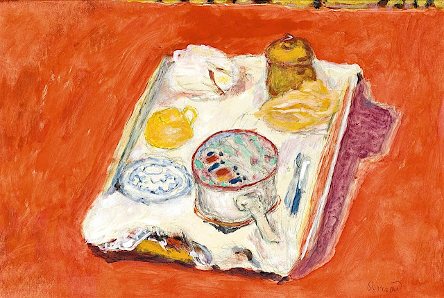 Pierre Bonnard (1867-1947) Nature morte au fond rouge Gouache, tempera et traces de crayon sur papier, 32.5 x 50.6 cm. Collection PrivéePierre Bonnard (1867-1947) Nature morte au fond rouge Gouache, tempera et traces de crayon sur papier, 32.5 x 50.6 cm. Collection Privée