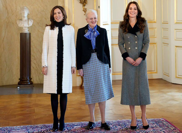 Kate Middleton wore a grey Marine coat from Catherine Walker. The Duchess of Cambridge, Queen Margrethe and Crown Princess Mary
