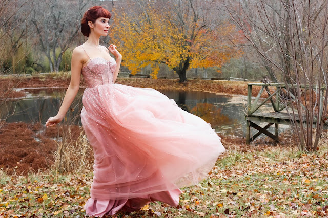 Lunamis A-Line Pink Floor-Length Rhinestone Tulle Prom Dress
