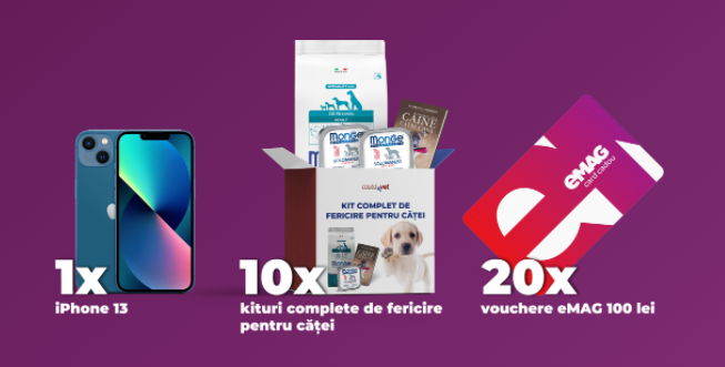 Concurs - Castiga un iPhone 13 sau 10 kit-uri complete de fericire pentru catei - vet - castiga.net