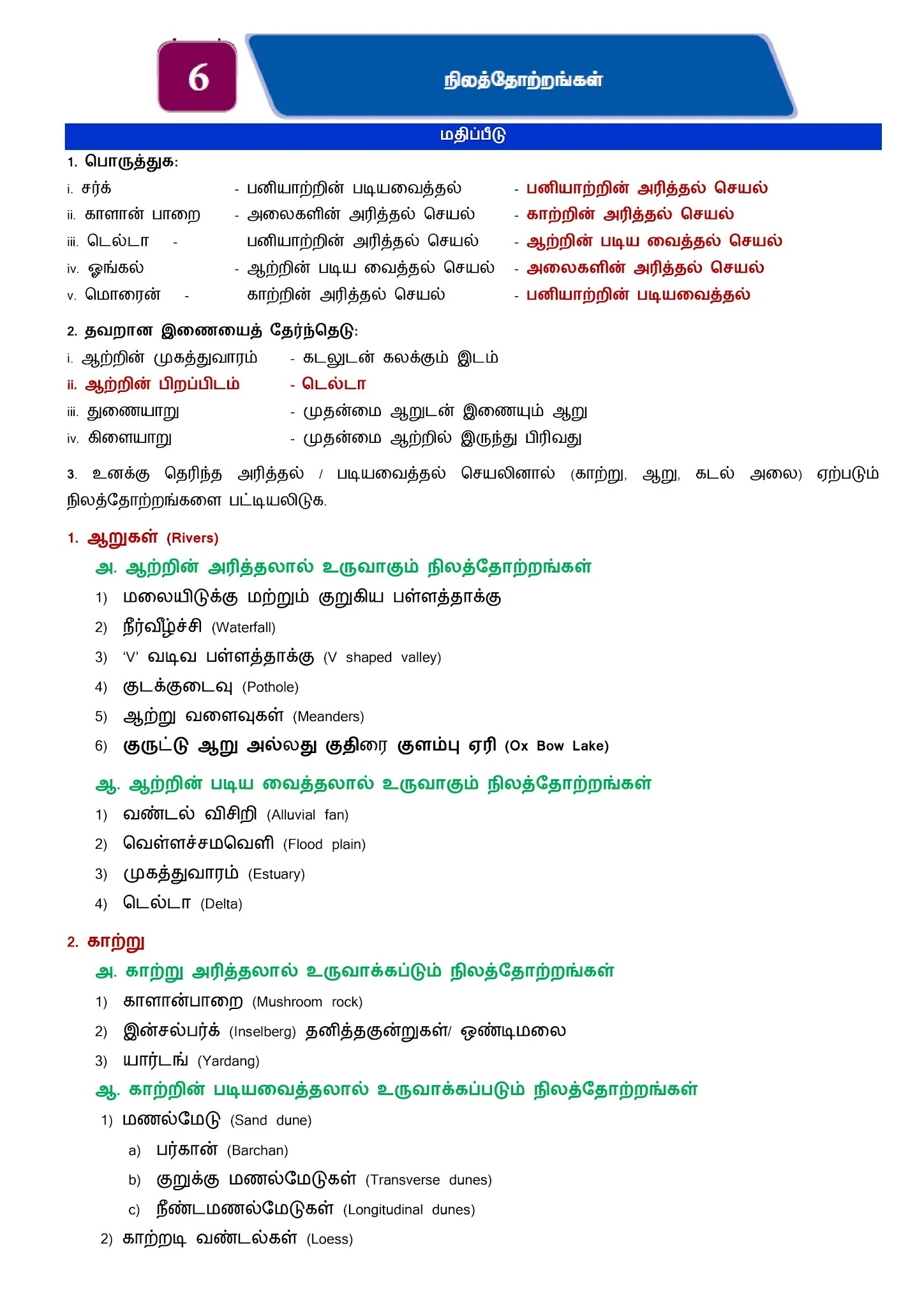 8th Social Science Refresher Course Answer key Unit 6. நிலத்தோற்றங்கள் Tamil Medium