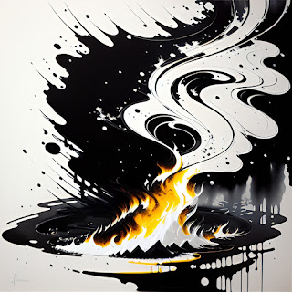 An ink drawing of a glowing campfire