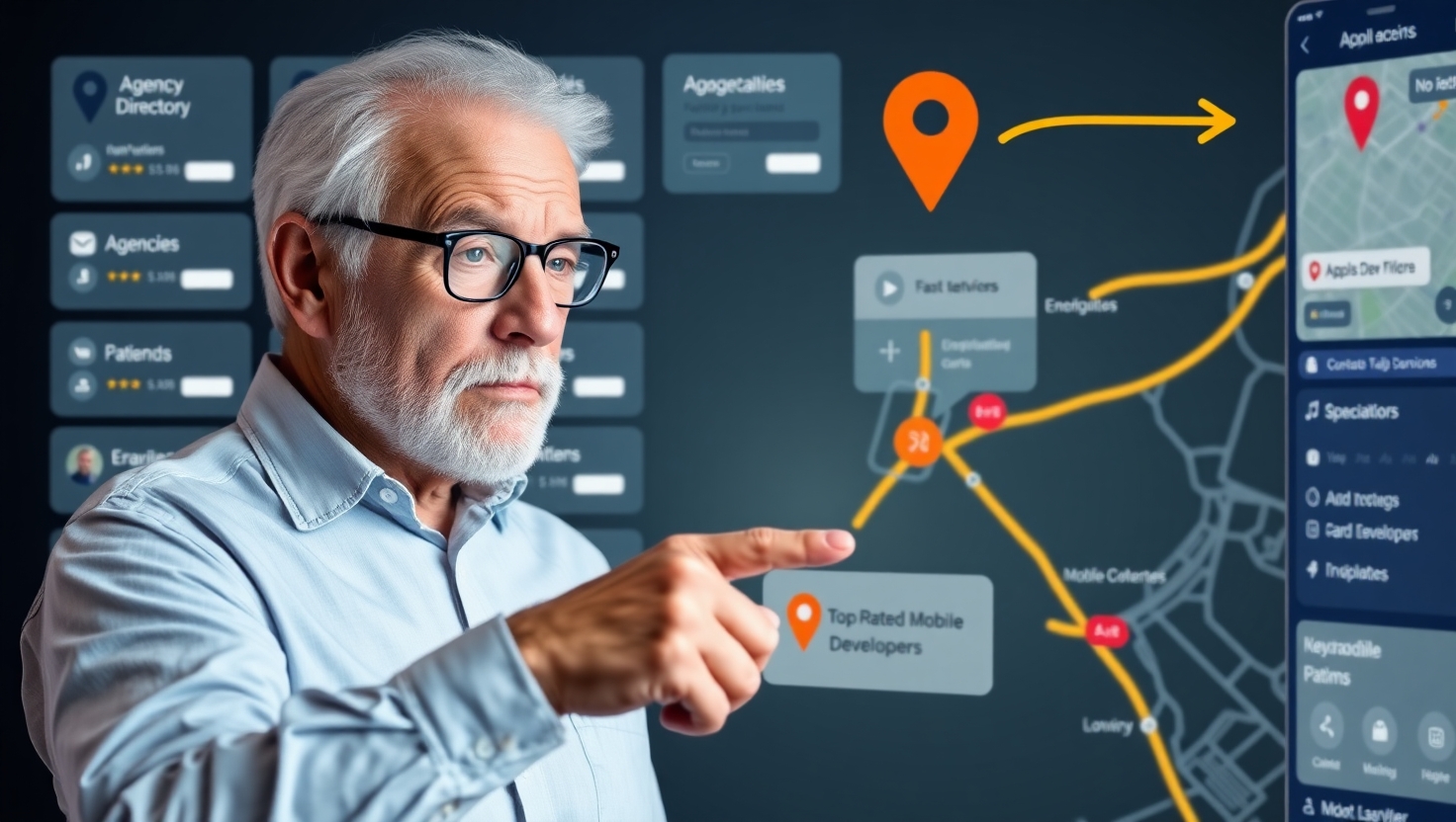 Senior entrepreneur searching for app developers using digital directory