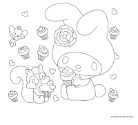 My Melody coloring page- My Melody and Risu eating cupcakes