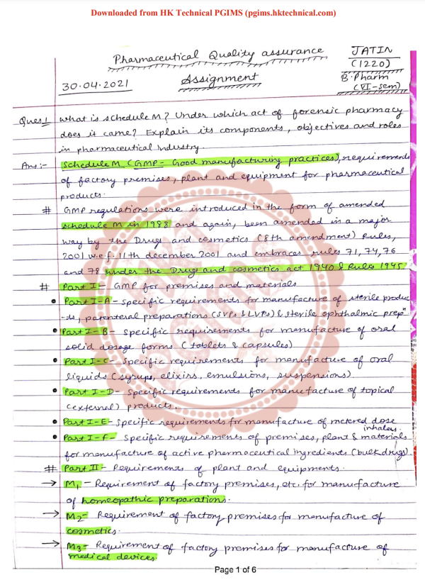 Schedule-M Quality Assurance Handwritten Notes by Jatin 6th Semester B.Pharmacy Assignments,BP606T Quality Assurance,BPharmacy,Handwritten Notes,BPharm 6th Semester,Important Exam Notes,