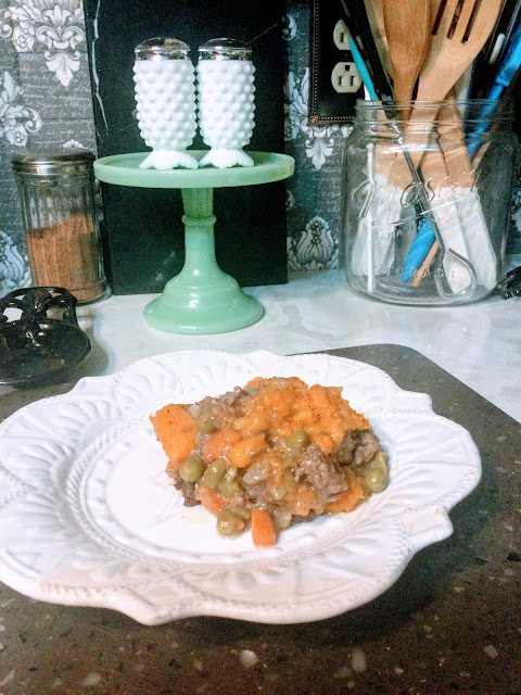 Serving of sweet potato shepherd pie on plate