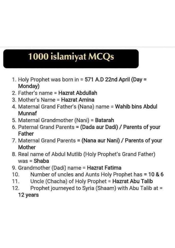 1000+ Islamiat MCQs For PPSC, NTS, PAEC, ETEA, PWD, FPS Test Preparation | Islamic Studies MCQs with Answer In PDF (Part - 1)