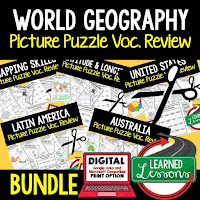 World Geography Puzzles, Mapping Skills, Five Themes, People and Resources, United States, Canada, Europe, Latin America, Russia, Middle East, North Africa, Sub-Saharan Africa, Asia, Australia, Antarctica