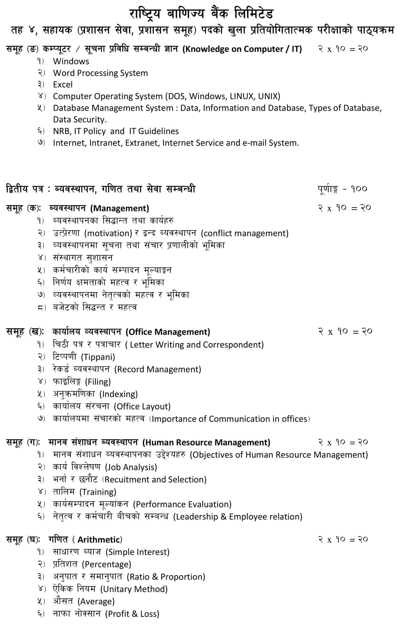 Syllabus of Rastriya Banijya Bank Level 4 Admin