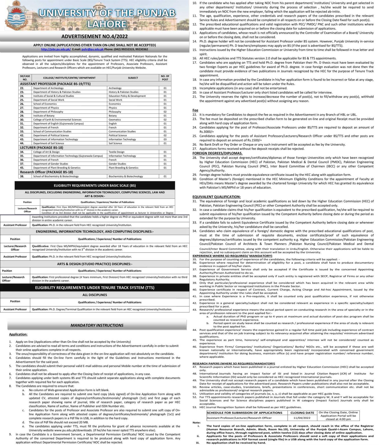 University of Punjab Jobs 2022 – www.pu.edu.pk