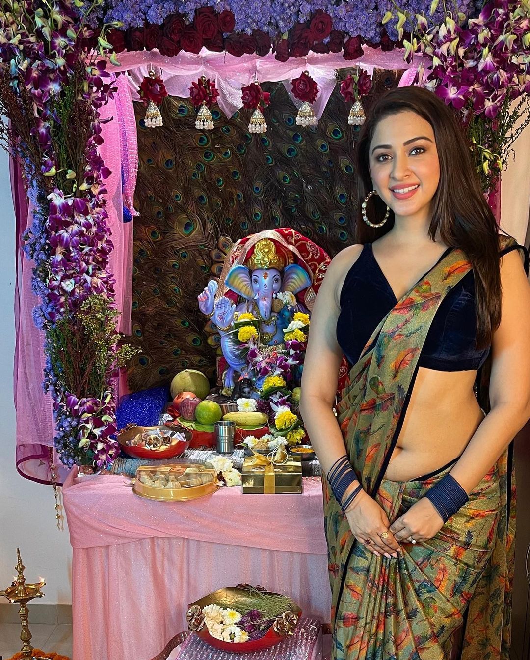 Eshanya Maheshwari's Floral Saree with Navy Blue Velvet Blouse for Ganesh Chaturthi