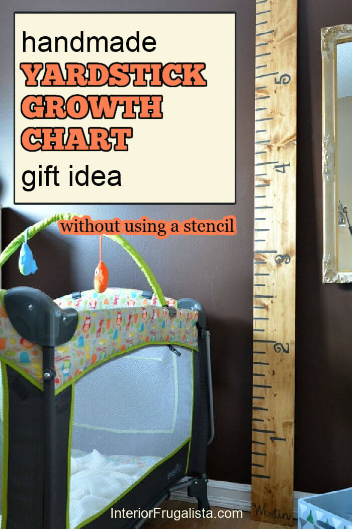 How to make a giant wooden yardstick ruler growth chart by hand without a stencil for a cherished baby shower, first birthday, or Christmas gift idea. #yardstickgrowthchart #woodenrulergrowthchart #giftideaforchildren