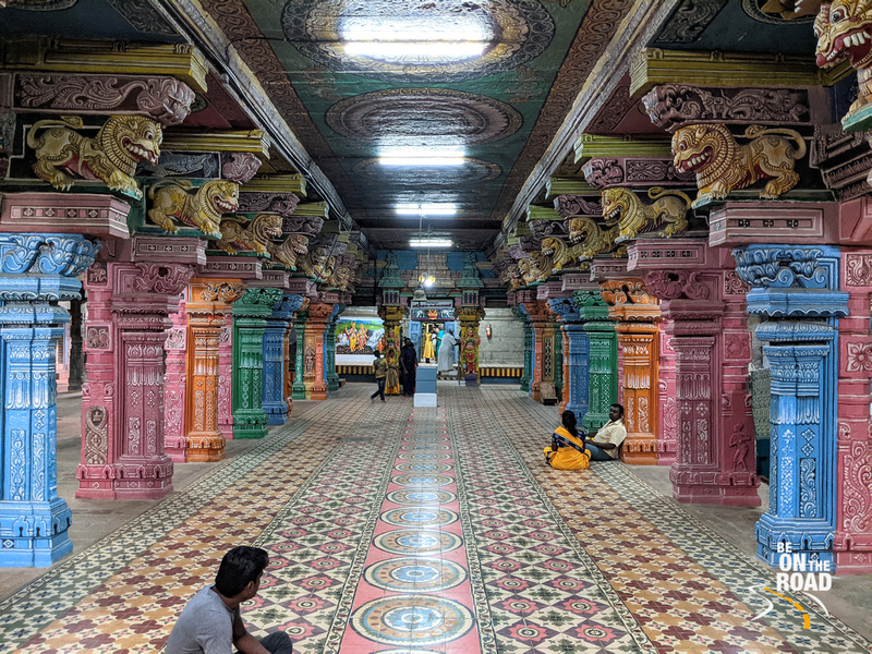 The colourful assembly hall in front of Paramakalyani's sanctum sanctorum at Sivasailam Temple