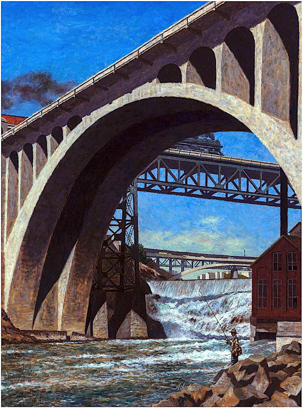 a John Atherton illustration of a mn fishing at a spectacular river and bridge