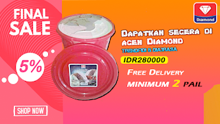 Harga Es Krim Diamond 1 Ember ukuran 8 liter Neopolitan Chocochip adalah Rp 280.000, sedangkan harga paket sangat bervariasi.