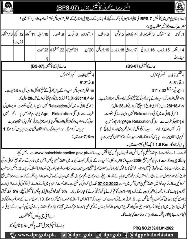 Balochistan Police Jobs 2022 for Constable Apply Online