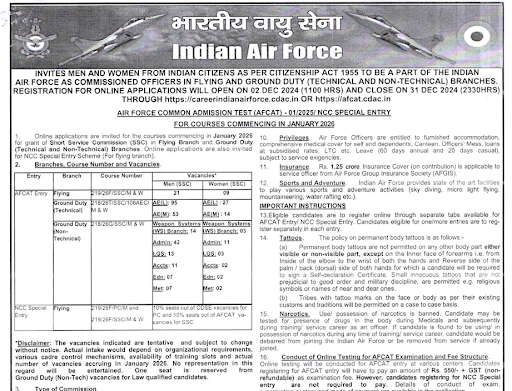 Indian Air Force Recruitment 2025 Apply for 336 AFCAT 01/2025 Posts