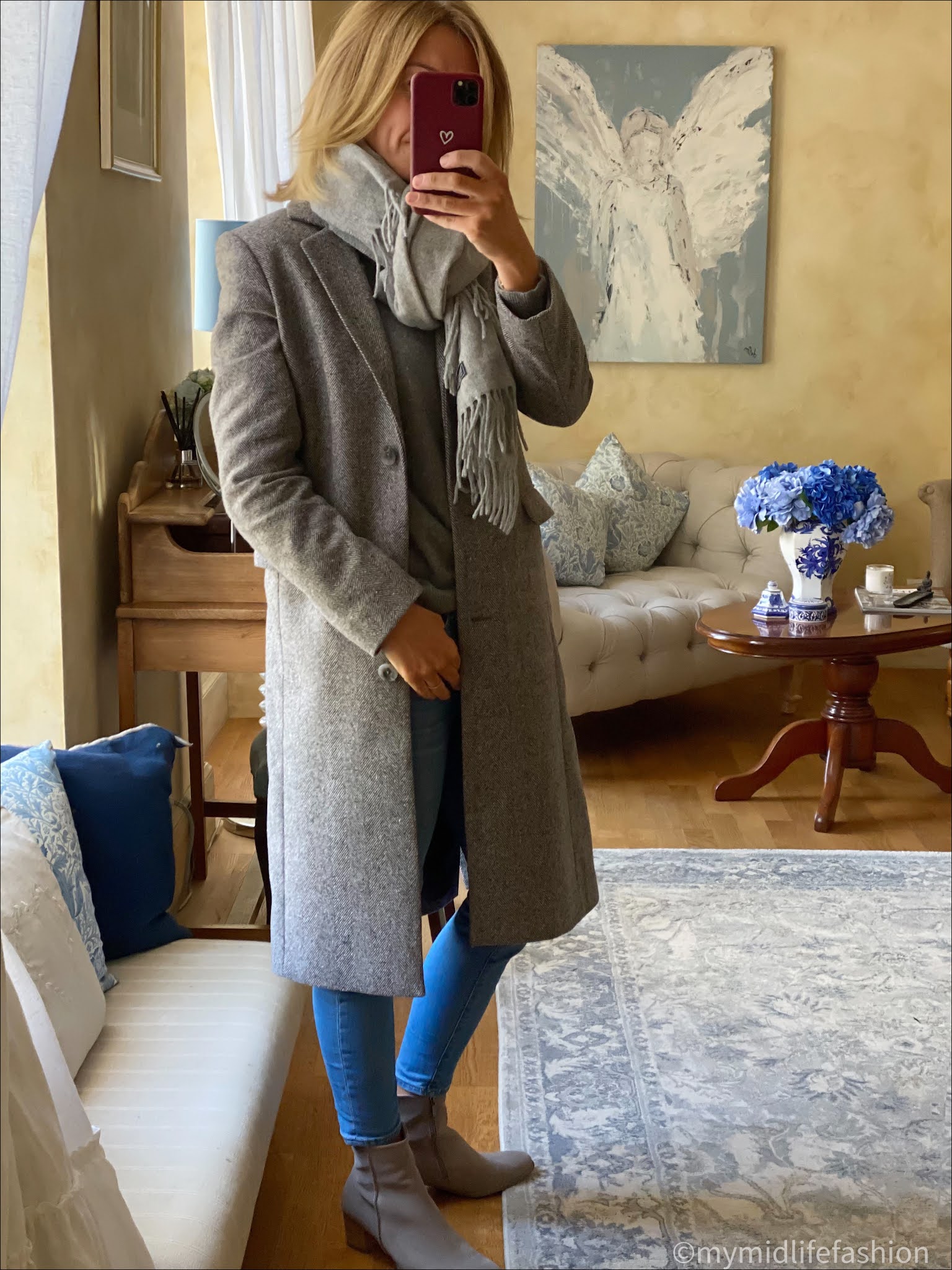 my midlife fashion, baukjen Indra recycled wool coat, acne studios wool scarf, Zara cashmere crew neck jumper, j crew 8 inch toothpick skinny jeans, Ecco block heel ankle boots