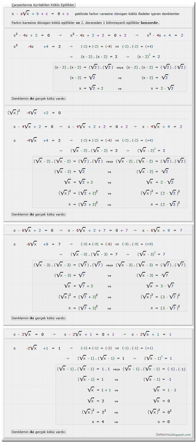 Örnek-27 » x - a√x + b + c = 0 + c şeklinde farkın karesine dönüşen köklü eşitlikler » Çarpanlarına ayrılabilen köklü eşitlikler » Köklü ifadeler içeren denklemler.