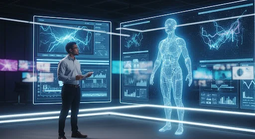 مذيع محترف في استوديو إعلامي مستقبلي بيراقب افاتار ذكاء اصطناعي فائق الواقعية، مع شاشات بتعرض أدوات مونتاج وتحرير فيديو متقدمة بالذكاء الاصطناعي لسنة 2025.