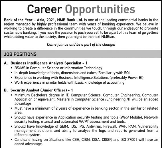 NMB Bank Limited Vacancy for BIA Specialist, Security Analyst JO, IT Department, Digital Banking