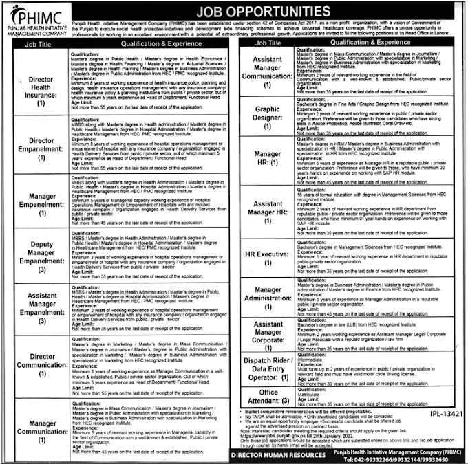 Punjab Health Initiative Company PHIMC Jobs 2022