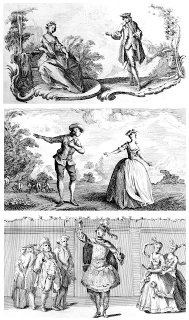 Some illustrations from Bickham’s songbook Musical Entertainer depicting staged scenes, all of which employ gestures and decorum deriving from the ideals of classical beauty