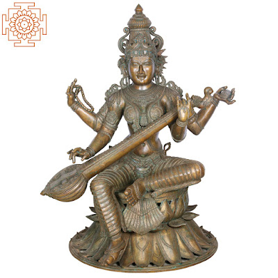 Saraswati Seated on Double Lotus Base Panchaloha Bronze from Swamimalai