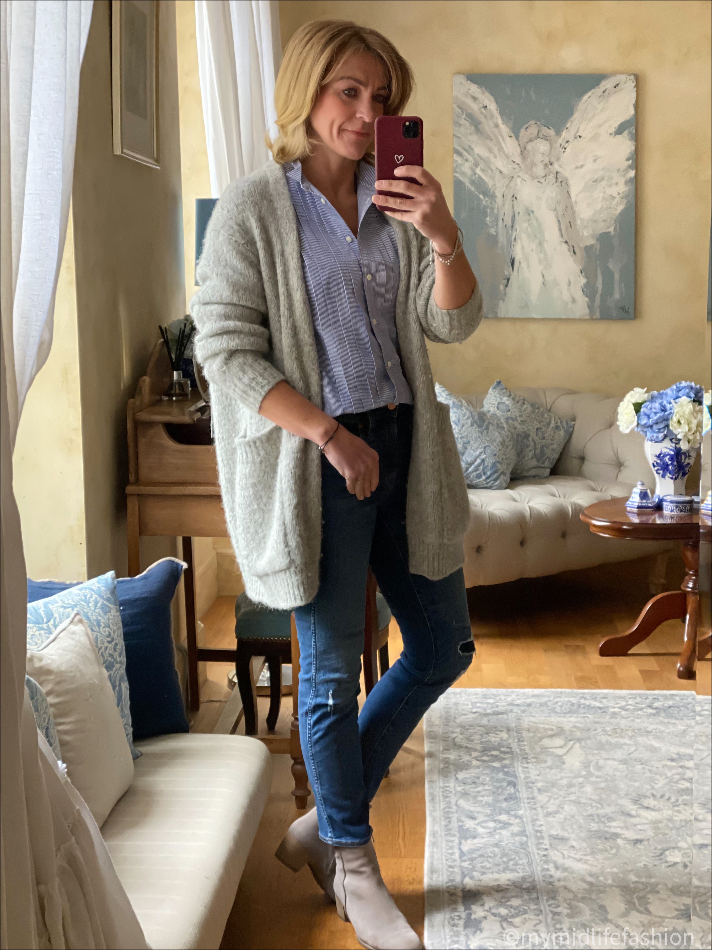 my midlife fashion, acne studios chunky cardigan, j crew stripe tuxedo shirt, j crew straight leg distressed cropped jeans, Ecco block heel ankle boots