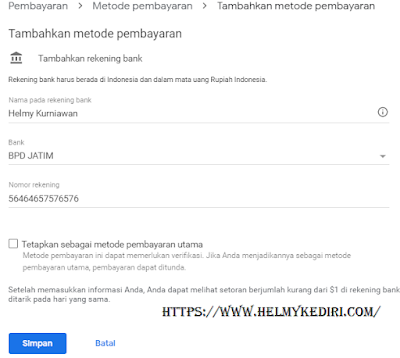 masukkan informasi rekening adsense