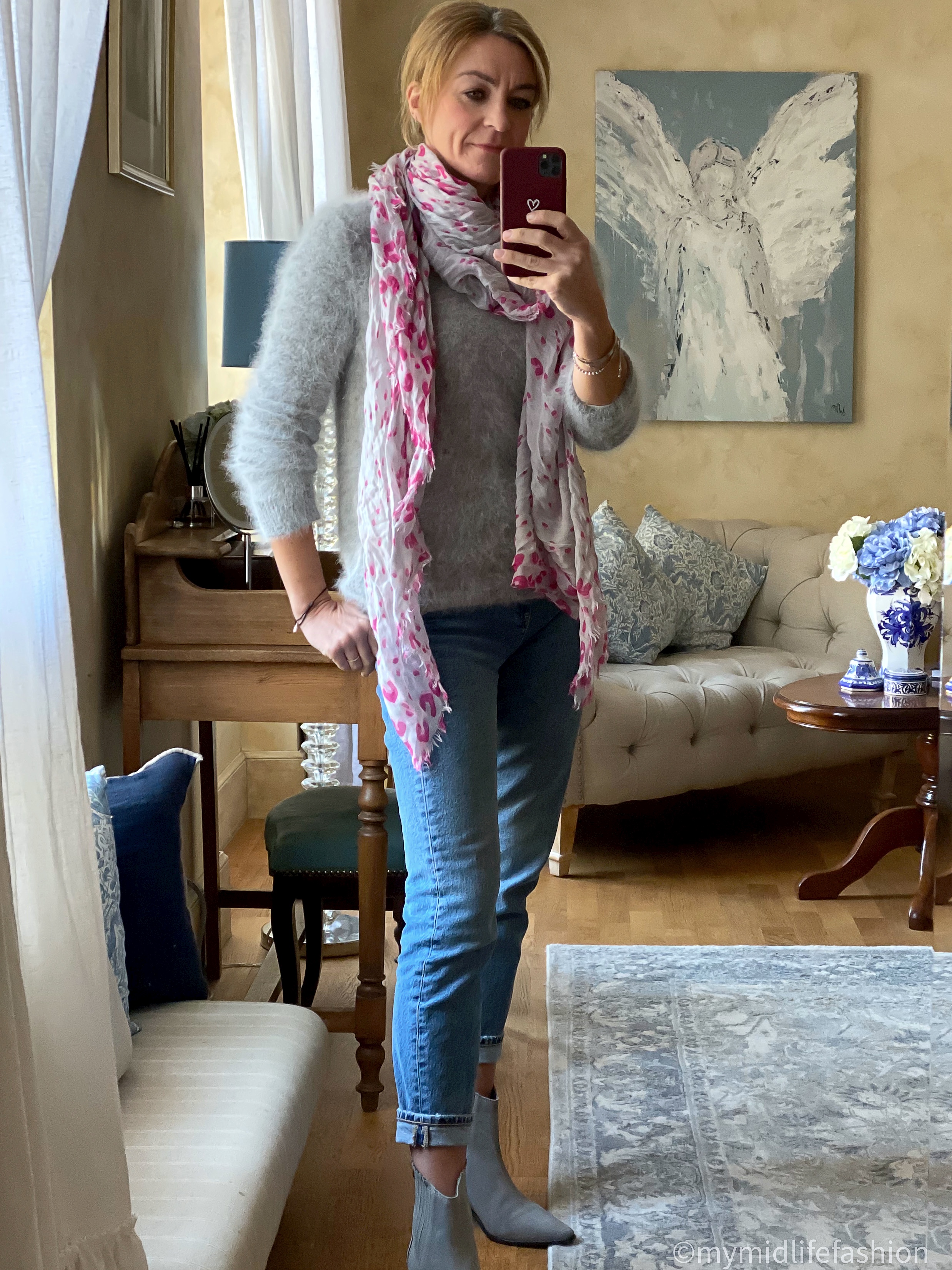 my midlife fashion, Louis Vuitton leopard print scarf, American vintage mohair crew neck jumper, Zara straight leg jeans, jigsaw western heel ankle boots