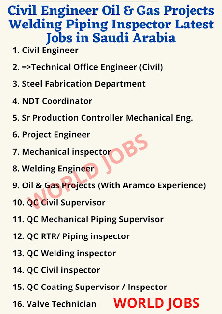 Civil Engineer Oil & Gas Projects Welding Piping Inspector Latest Jobs in Saudi Arabia