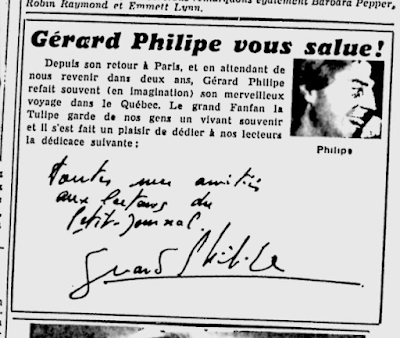 autographe de Gérard Philipe dans "Le Petit Journal" du 21 septembre 1952.