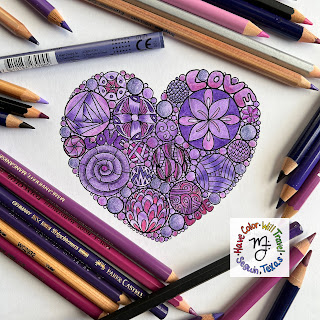 A pattern filled heart illustration is colored monochromatically with only shades of purple. There are many colored pencils surrounding the coloring page.