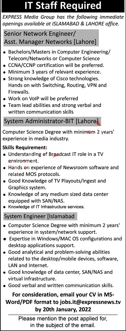 Express Media Group 2022 Jobs in Islamabad and Lahore