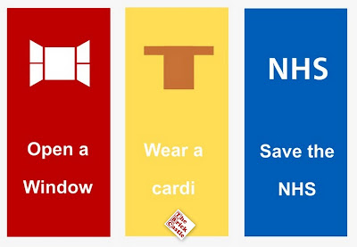 Open a window, wear a cardi, save the NHS - three vertical stripes with a window, cardi, NHS