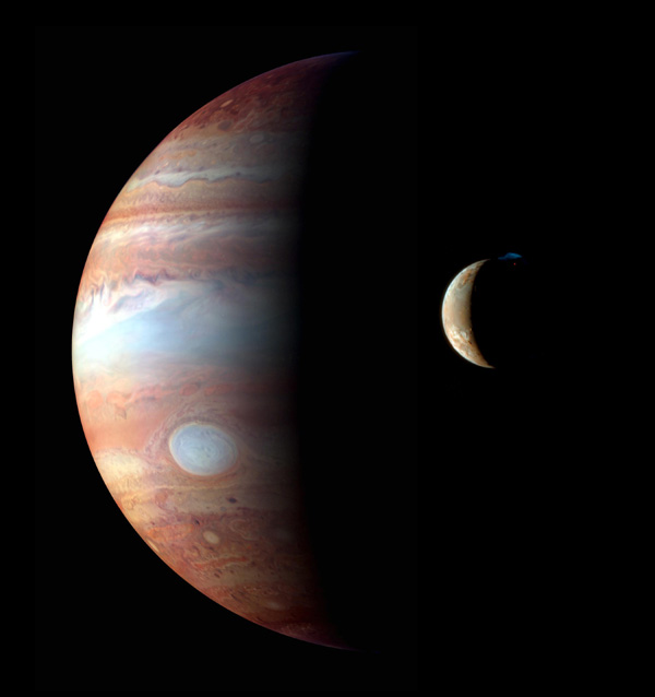 A composite image of Jupiter and its moon Io taken by NASA's New Horizons spacecraft...which flew past the Jovian system along the way to Pluto on February 28, 2007.