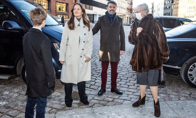 Crown Princess Mary wore a new check wrap coat by Hobbs. Princess Isabella wore a new purple wool belted coat by Mackage
