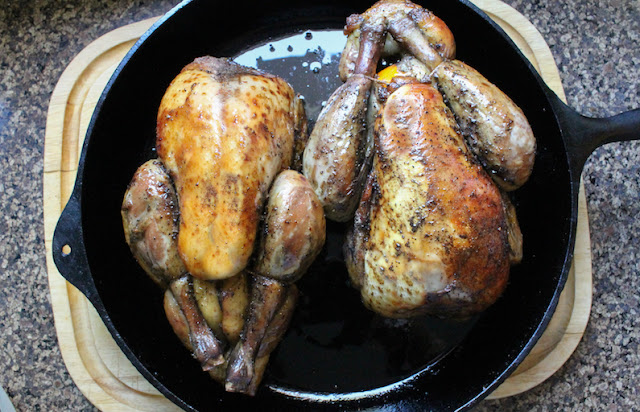 Food Lust People Love: Roasted Brace of Guinea Fowl means two guinea fowl, well spiced and stuffed with clementines, cooked by sous vide then blasted to crispy skin in a very hot oven. The perfect lip-smacking, finger-licking main course for any holiday meal!