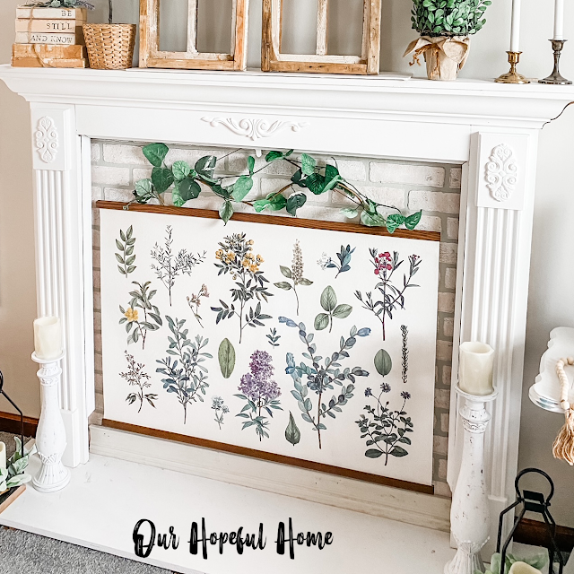 white faux fireplace mantel botanical print